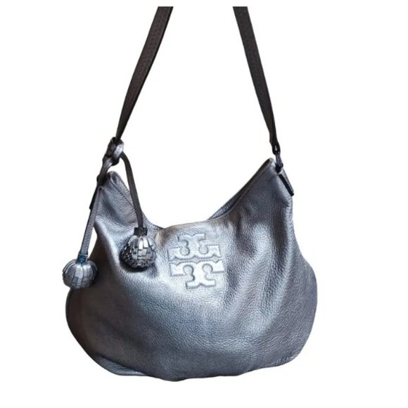 Tory Burch Thea Hobo Shoulder Bag – Metallic Pewter Pebbled Leather with Pom Pom - Picture 1 of 13